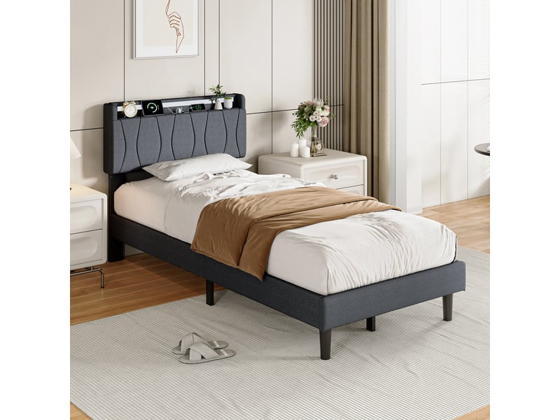  Lit simple capitonné 90x200cm avec cadre de lit à lattes et lumière led, tête de lit,gris  - Conforama B