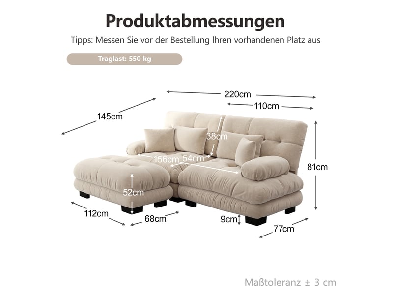  Canapé modulaire 220x145x81cm 2 places, poufs mobiles, coussins inclus, assise généreuse, tissu chenille, café clair  - Conforama C