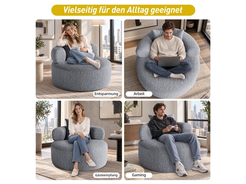  Pouf rond effet chenille gris 100 cm effet chenille avec coussin pour salon et chambre IKSETERA TRADING LTD - Conforama E