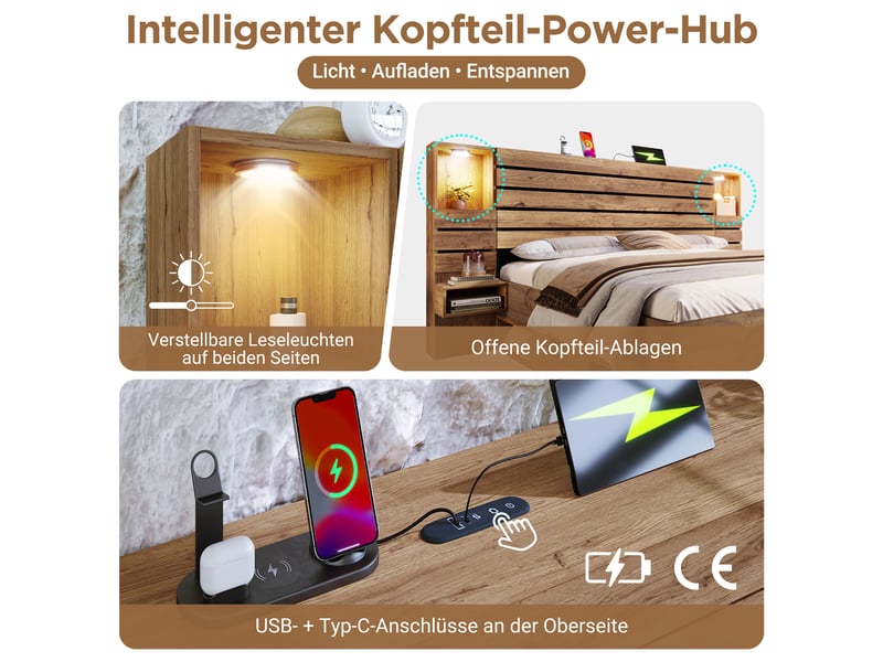  Lit double 180x200 cm en bois avec led, tiroirs de rangement et tables de chevet suspendues, éclairage intégré usb-c, design chêne - chêne (sans matelas)  - Conforama D
