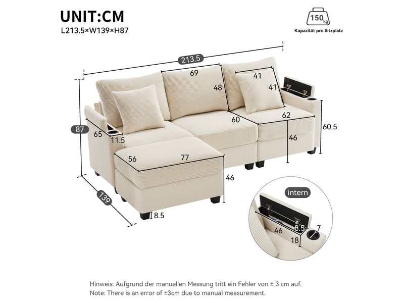  Canapé d'angle 3 places réversible 213,5x139 cm avec pouf, usb, porte-gobelet, rangements accoudoirs, velours côtelé - beige  - Conforama D