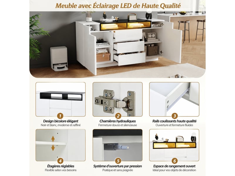  Buffet 140 cm brillant 2 portes 3 tiroirs, meuble de rangement avec led, buffet de salon blanc et noir  - Conforama D