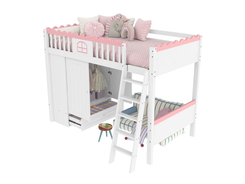  Lit mezzanine enfant 90x200 cm avec led, armoire et tiroir, blanc et rose  - Conforama A