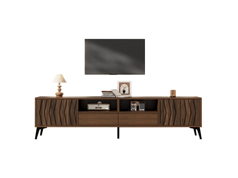  Meuble tv 180x35x45 cm coloris noyer avec 2 portes, 2 tiroirs et niches  - Conforama E