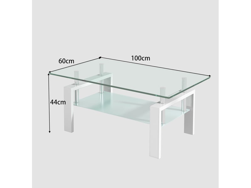 Table basse fixe avec deux plateaux en verre trempé, structure en métal blanc, pour salon, 100 × 60 × 44 cm - Conforama E