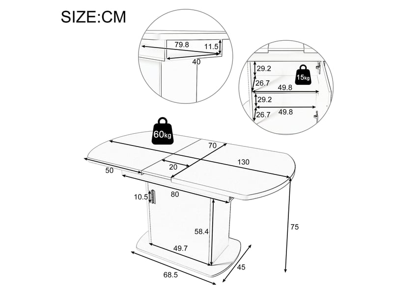  Table à manger ovale extensible 110130 x 70 x 75 cm avec rangement, gris béton  - Conforama C