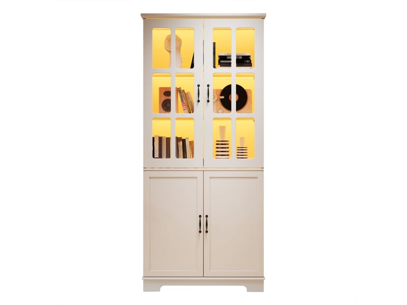  Vitrine avec 4 portes dont 2 en verre et 5 étagères, style campagne, pour salon ou cuisine, blanc, 80 × 38 × 180 cm  - Conforama A