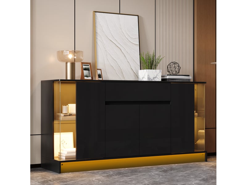  Buffet bas avec 6 portes, 1 tiroir, 2 vitrines et led réglable pour salon en panneau de particules noir 150 × 40 × 75 cm  - Conforama B
