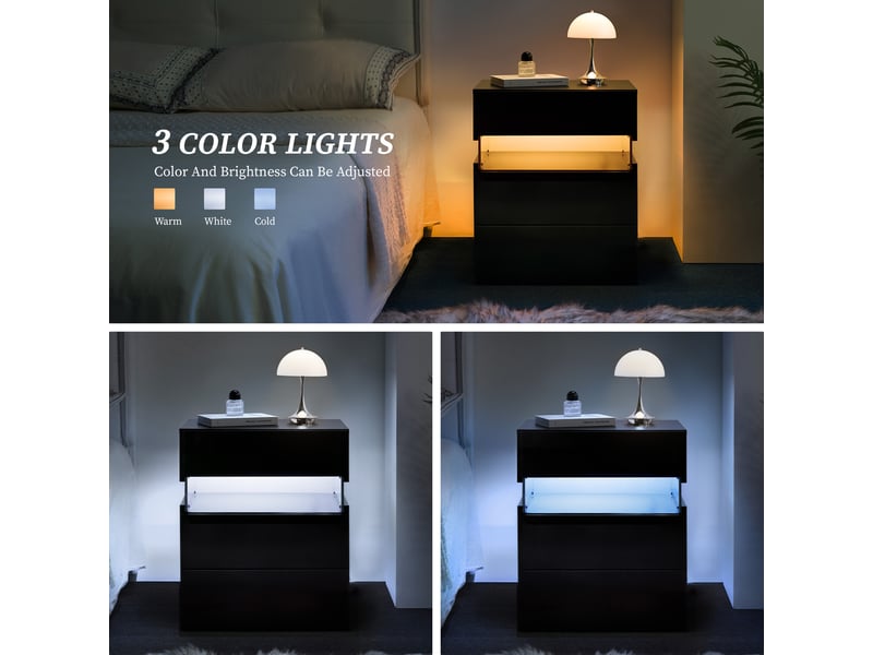  Table de chevet avec 3 tiroirs et éclairage led rgb pour chambre en bois d'ingénierie noir  - Conforama C