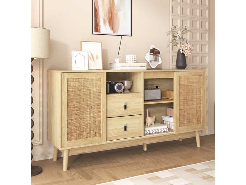  Buffet en rotin véritable avec 3 portes coulissantes, meuble de rangement 155 cm, 2 tiroirs, couleur bois  - Conforama E