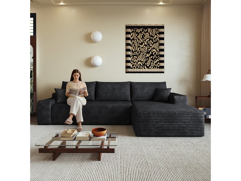  Canapé d'angle modulable noir 270 cm, canapé méridienne en l sans armature, assise profonde, sans montage  - Conforama D