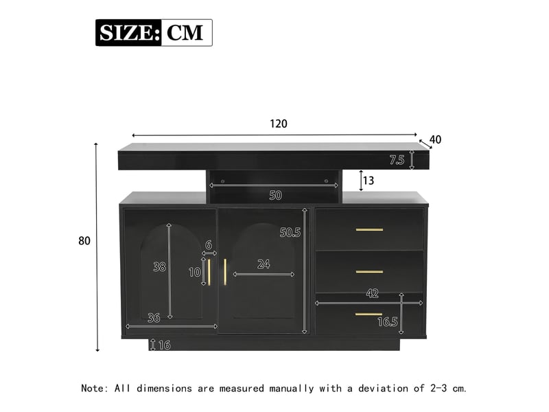  Buffet bas noir brillant avec éclairage led rgb, 3 tiroirs et 2 portes - 120 x 40 x 80 cm  - Conforama E