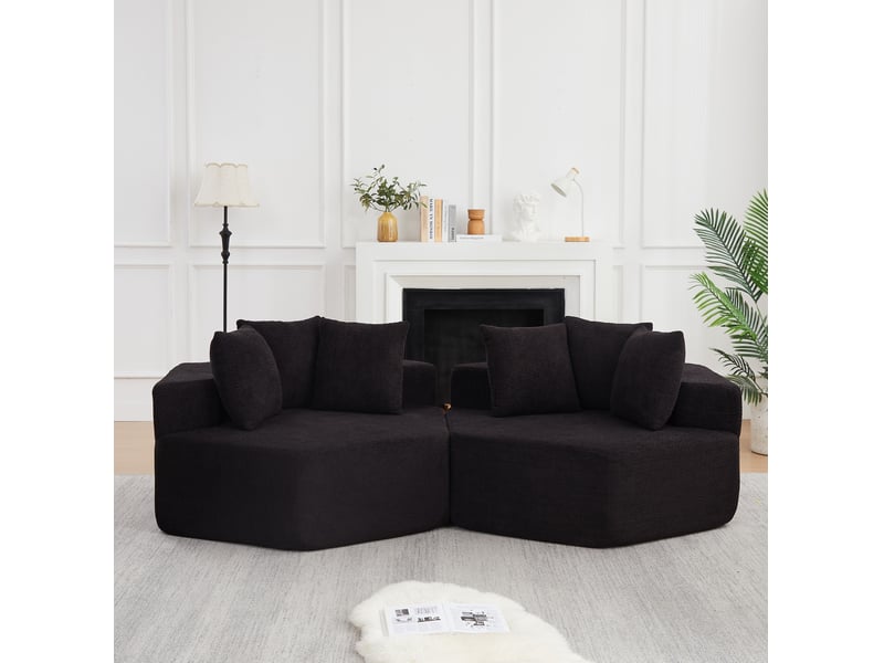  Fauteuil modulaire hexagonal avec 3 coussins et revêtement en chenille bouclée, style moderne noir 122 × 138 × 76 cm  - Conforama C
