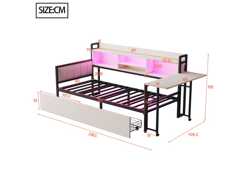 Lit enfant 90 x 200 cm tiroirs rangement led bandeau prise intégrée bureau escamotable dossier métal blanc sans matelas  - Conforama C