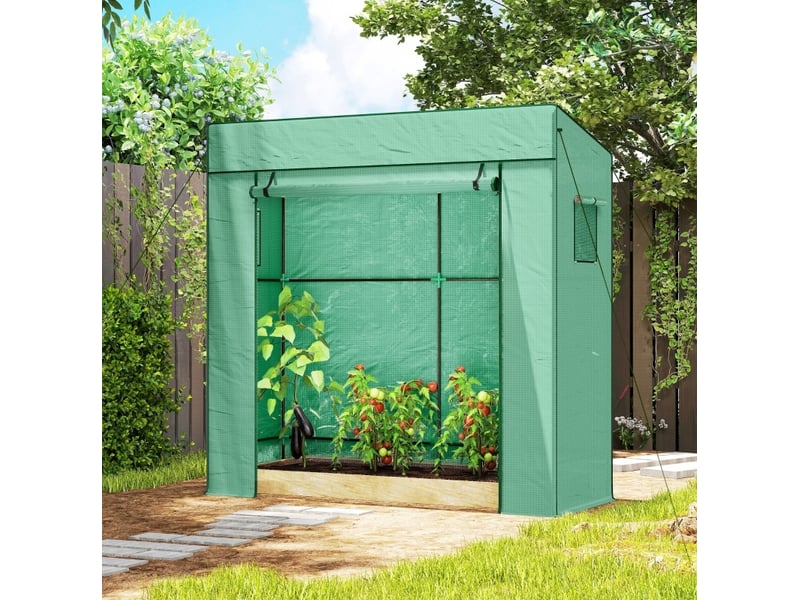 Serre de jardin 196x77x197 cm avec porte enroulable et fenêtres en maille vert - Conforama C