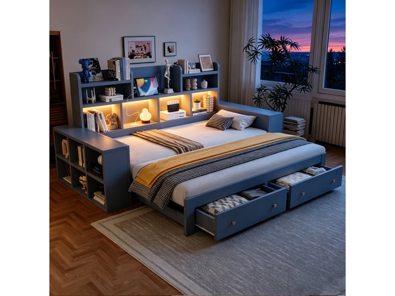  Canapé-lit extensible multifonctionnel en bois 90180x200cm, rangements, prises et led, gris  - Conforama D