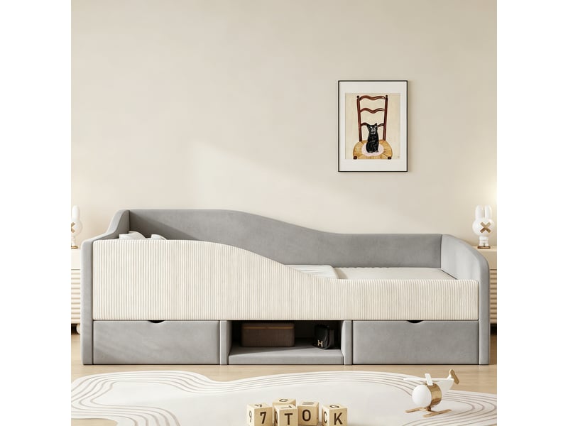  Lit simple 90x190 cm, lit enfant, 2 tiroirs, velours gris, barrière antichute  - Conforama C