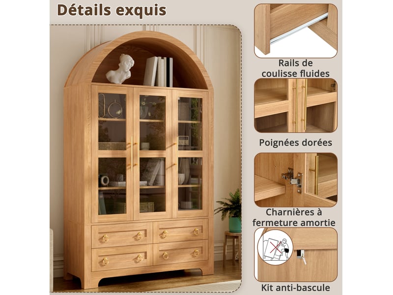  Buffet haut rangement 110x40x185 cm, 3 portes vitrées 4 tiroirs, niche arche, panneaux de particules et mdf naturel  - Conforama E