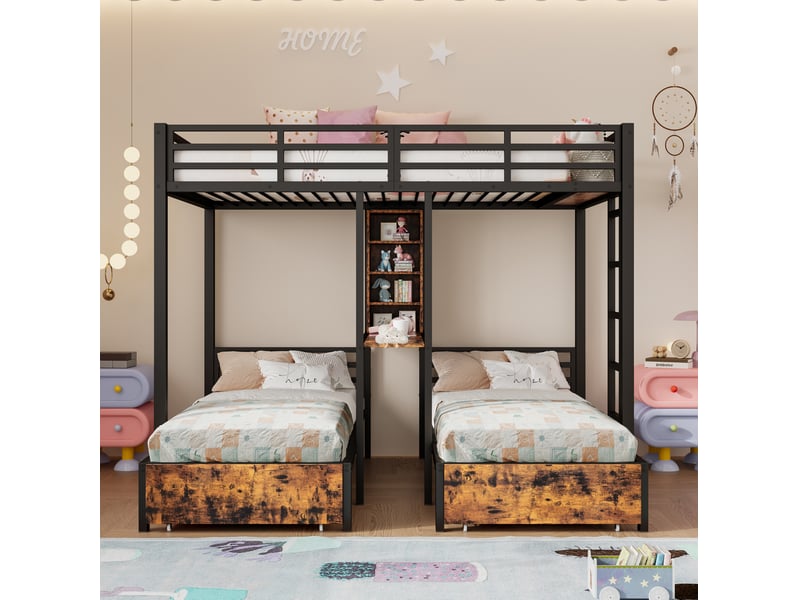  Modenvie lit superposé 3 places 140x200 cm + 90x200 cm - avec rangements, 2 tiroirs - sans matelas - noir  - Conforama D