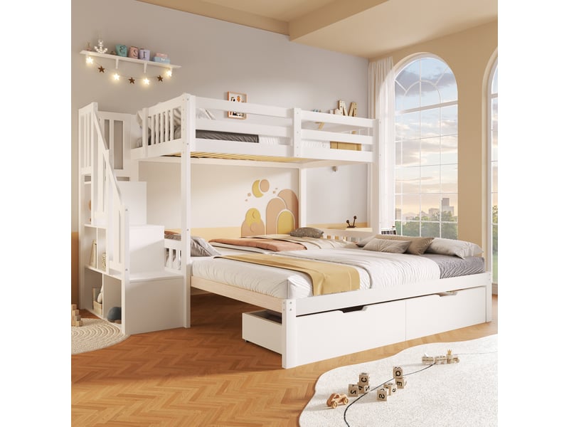 Lit superposé 90 x 200 cm avec lit gigogne transformable en couchage 180 x 200 cm, 2 tiroirs et marches de rangement, échelle modulable, en pin blanc  - Conforama D