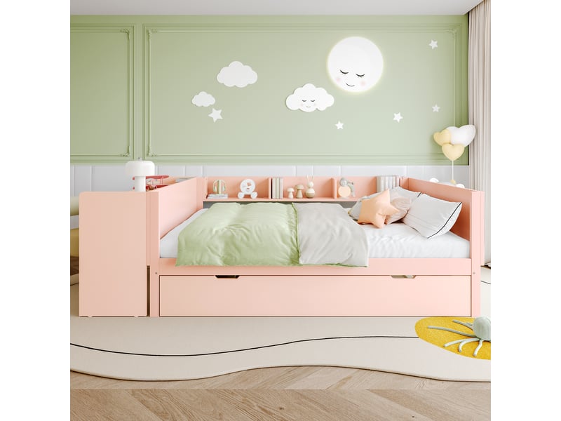  Lit 2 personnes en bois 140 x 200 cm avec bureau, lit enfant avec lit gigogne, lit double avec étagères, pin + panneaux, rose  - Conforama E