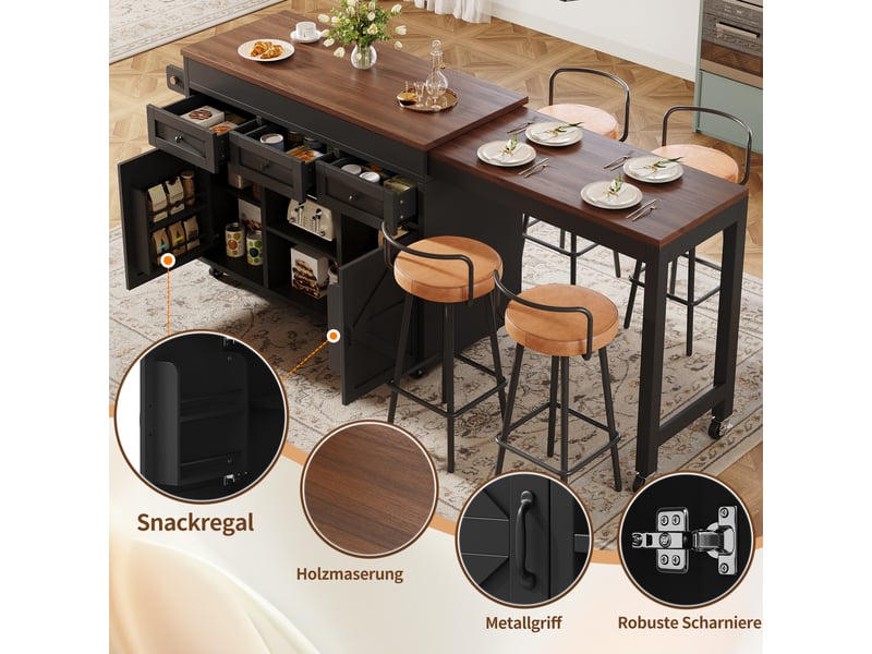  Îlot de cuisine table bar 131-210cm - pivotant 360° - tiroirs - placards - noir Bubbly Shop - Conforama D