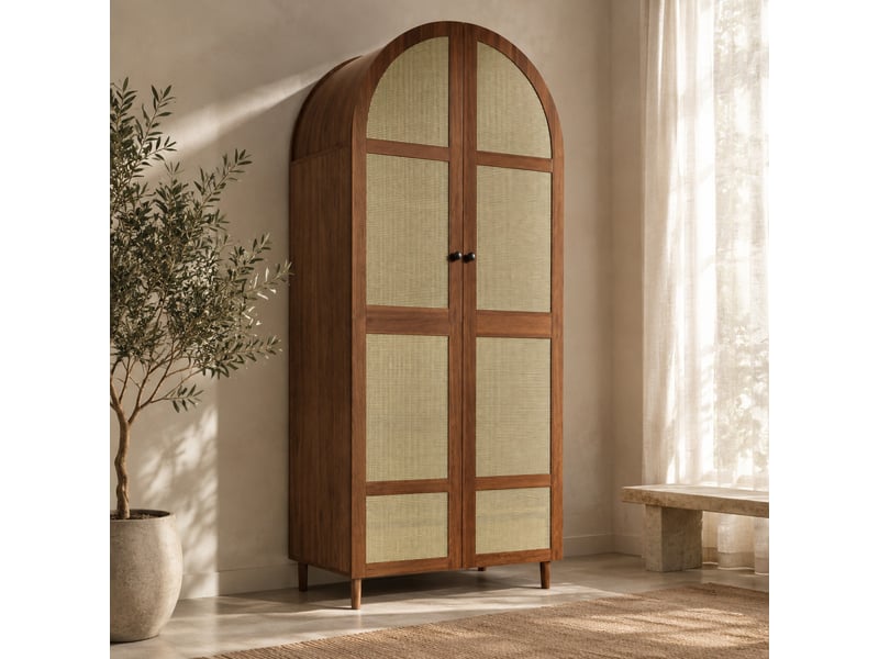  Armoire avec tringle, étagères et tiroirs, portes en rotin, pour chambre ou entrée, en mdf, 80×50×179 cm, noyer  - Conforama C