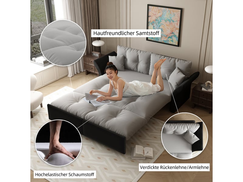  Canapé-lit convertible 3-en-1 190 cm queen-size, velours capitonné, 2 coussins, gris clair  - Conforama D