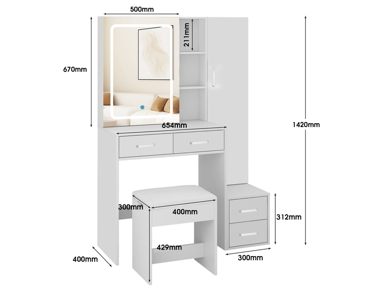  Blanc coiffeuse avec miroir led coulissant, meuble de maquillage avec 4 tiroirs et 1 armoire, table de toilette moderne avec tabouret  - Conforama C