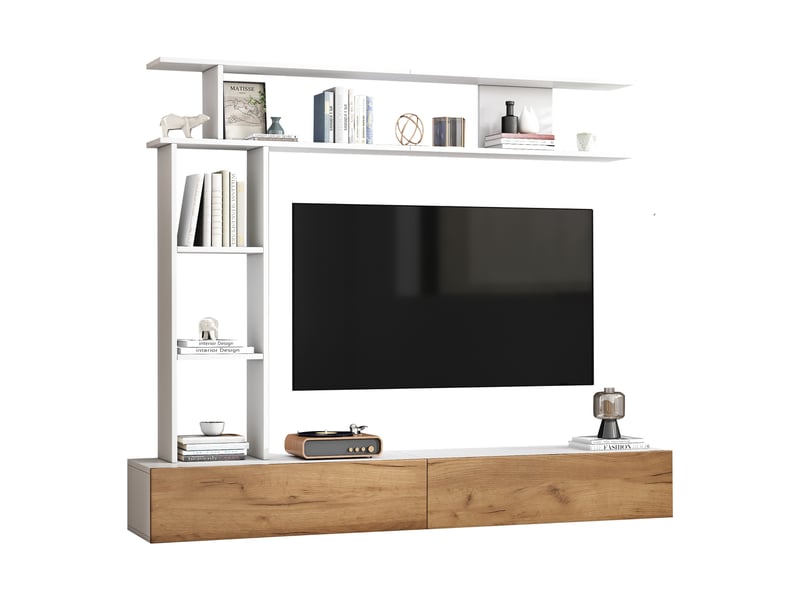  Meuble tv avec 2 portes, étagères ouvertes et passe-câbles pour salon 180×35×22,5 cm blanc chêne  - Conforama A