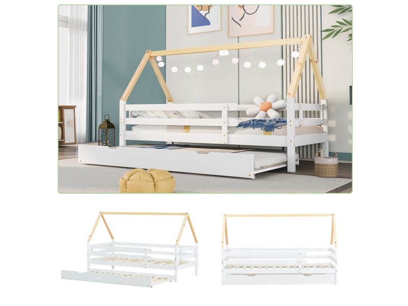 Lit cabane enfant 200×90 cm et 190×90 cm avec lit gigogne sur roulettes, sans matelas, en bois blanc et naturel - Conforama E