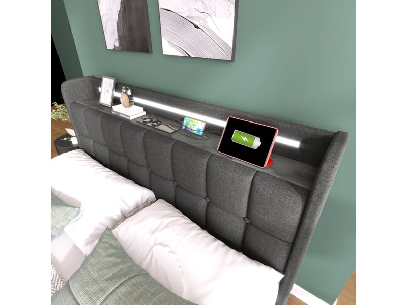  Lit avec tiroirs, lit simple en lin gris avec 2 tiroirs, 2 prises, 2 ports usb et led, 90x200 cm, sans matelas  - Conforama E