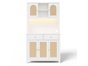 Armoire de cuisine 5 portes en rotin 2 tiroirs led mdf blanc 100x40x180 cm