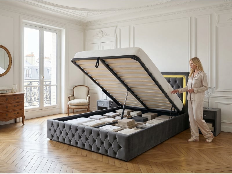  Lit coffre 140 x 200 cm avec tête de lit - led, usb et rangement  - Conforama E