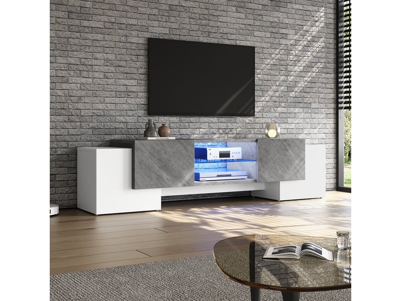  Meuble tv bas 180 x 40 x 46,5 cm avec led bluetooth, 4 portes, blanc et gris  - Conforama B