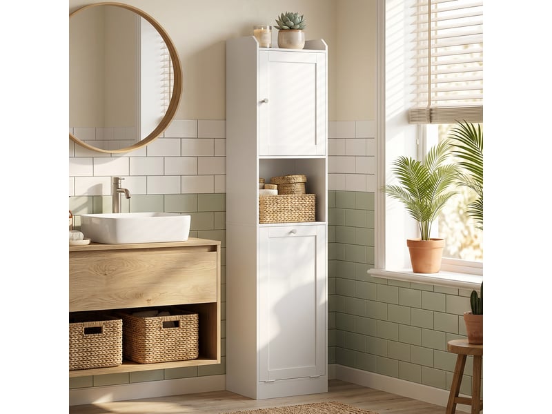  Armoire de salle de bain haute avec panier à linge, compartiments ouverts et étagères réglables, 40 x 30 x 170 cm, blanche  - Conforama D