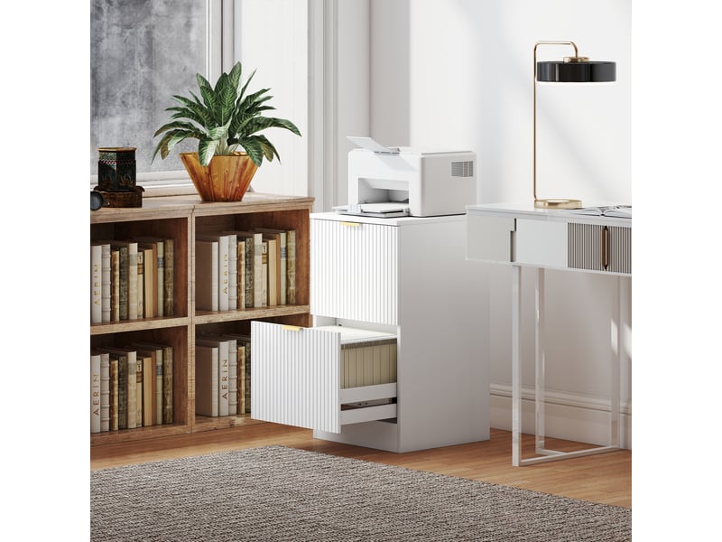  Caisson de bureau à 2 tiroirs, façades cannelées, classeur pour documents a4 ou lettre, 40 x 40 x 71 cm, blanc  - Conforama C