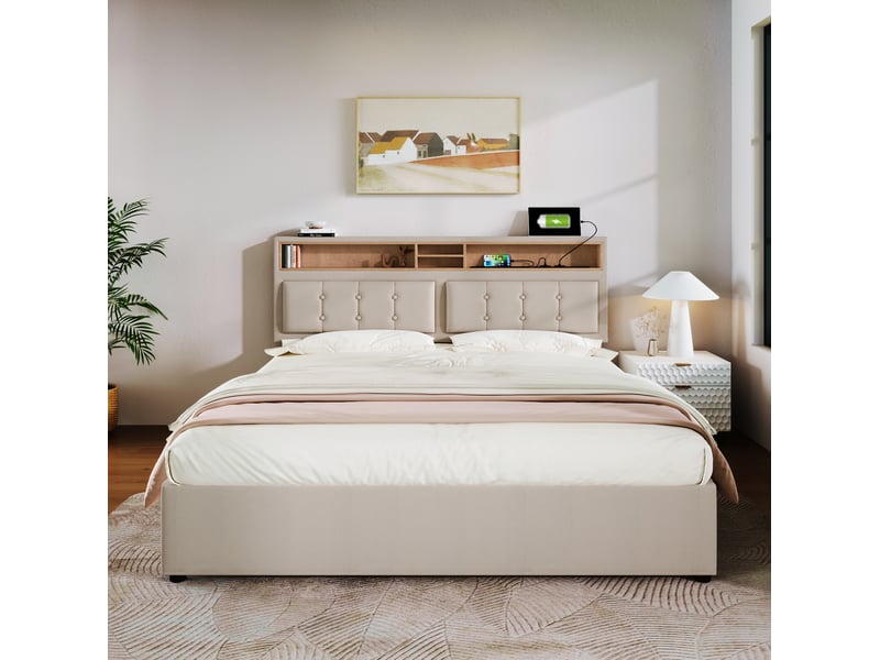  Lit double 140x200 cm avec 4 tiroirs, tête de lit réglable et usb-c, beige clair  - Conforama D
