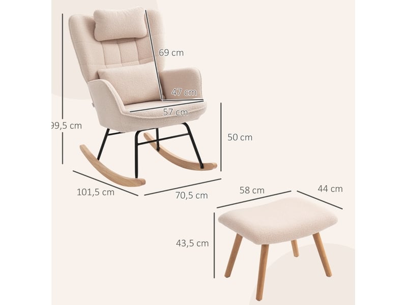  Fauteuil à bascule avec repose-pieds 101,5x70,5x99,5 cm beige polyester, dossier haut et coussins  - Conforama C
