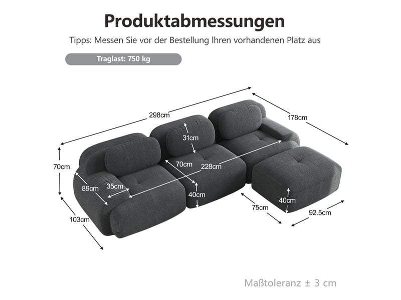  Canapé d'angle modulable en velours côtelé, gris, 298 x 178 x 70 cm Fay Lum - Conforama C