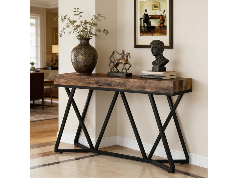  Table console d'entrée en mdf et métal marron rustique et noir 140x30x90 cm  - Conforama D