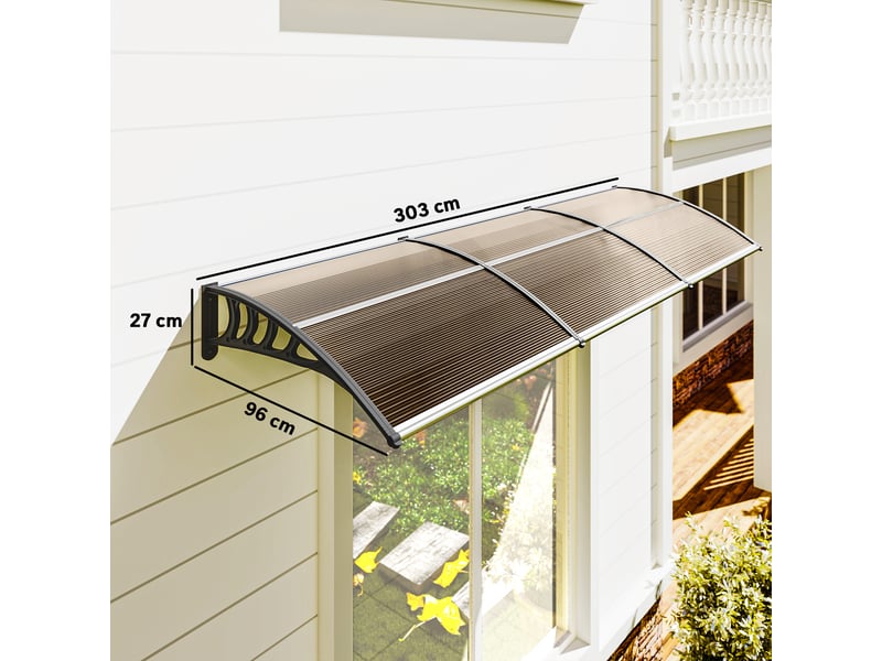  Auvent extérieur pour fenêtres et portes, en polycarbonate et aluminium, 303 x 100 x 26 cm - marron  - Conforama E