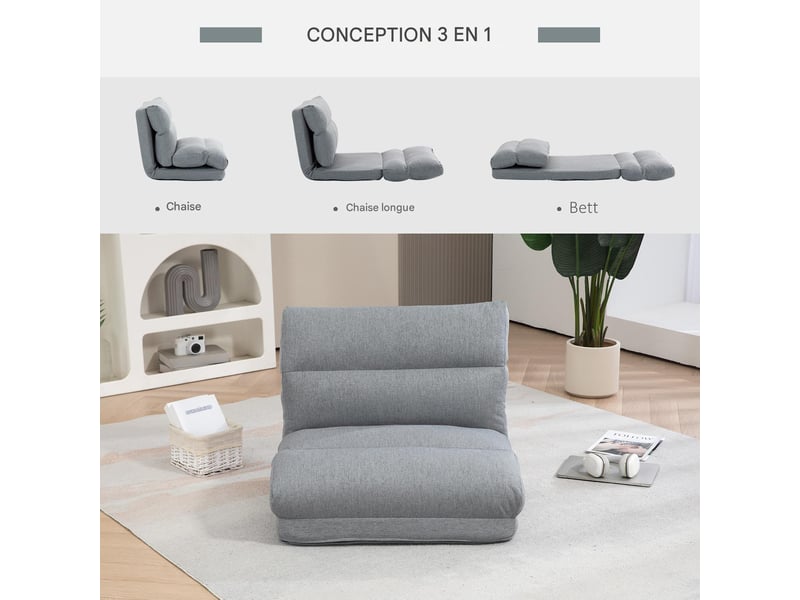  Fauteuil de sol convertible et pliable tissu aspect lin gris 70 x 72 x 56 cm  - Conforama D