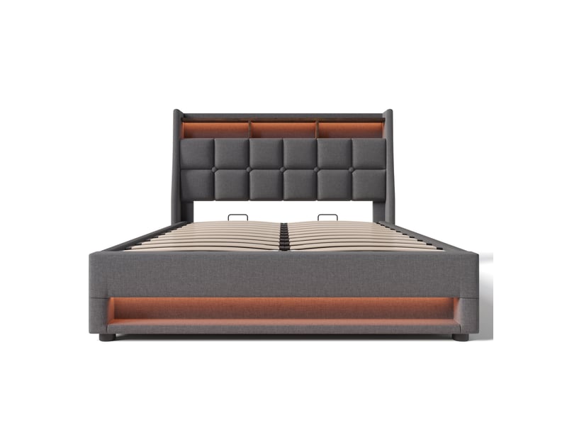  Lit adulte 160x200 cm gris en lin avec led, usb et rangement, style vintage pour chambre  - Conforama D