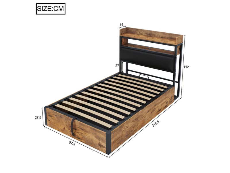  Lit coffre enfant 90x200 cm, rangement et étagère, port usb, motif de bois, sommier, tissu noir, sans matelas  - Conforama C