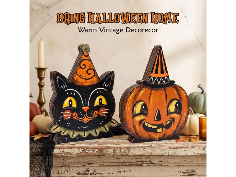  Décoration murale en bois halloween, panneau décoratif – chat noir et citrouille, pour intérieur  - Conforama C
