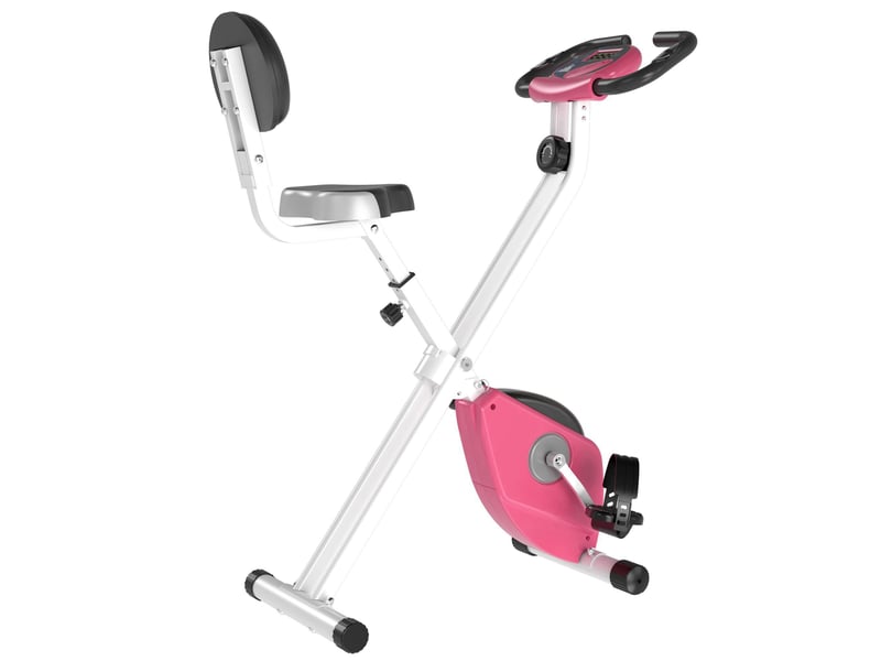  Vélo appartement pliable fitness intérieur, 8 résistances magnétiques, dossier, selle réglable, lcd, cardio, rose.  - Conforama B