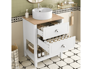 Meuble sous vasque sur pied 60 cm blanc et bois avec vasque ronde en céramique