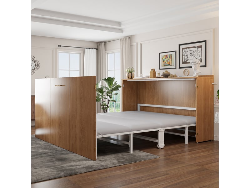  Lit escamotable 140x200 cm, lit d'appoint, cadre extensible sur roulettes, lin et métal  - Conforama R