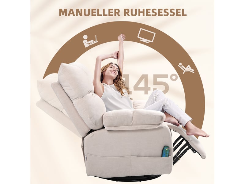  Fauteuil relax beige avec massage et chauffage, inclinable manuel 145°, pivotant 360°, repose-pieds  - Conforama E
